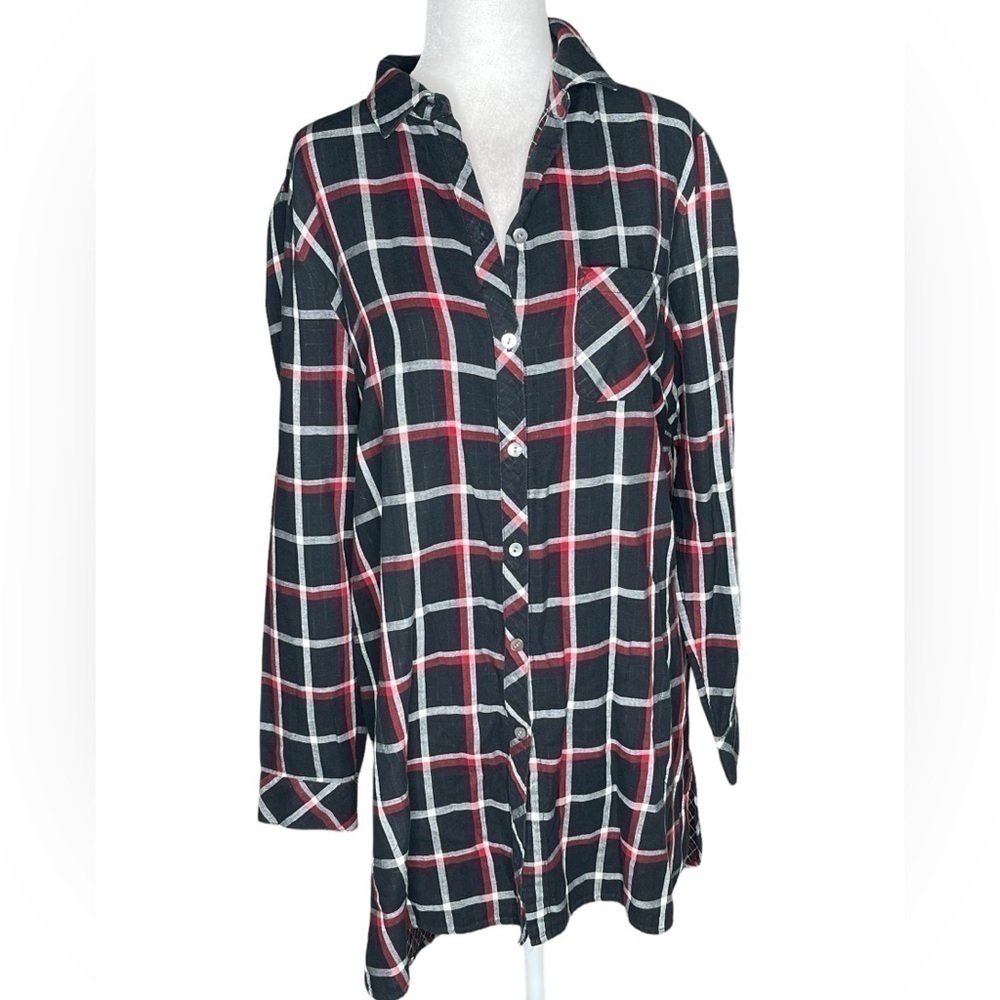 J.Jill Tunic Button Down Collared Shirt Black & Red Plaid Cotton Size Medium